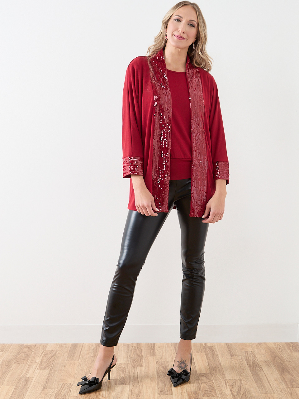 Petite 3/4 Sleeve Sequin Edge Trim Cardigan