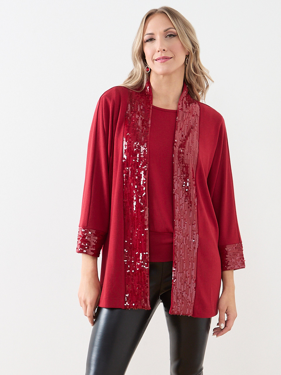 Petite 3/4 Sleeve Sequin Edge Trim Cardigan