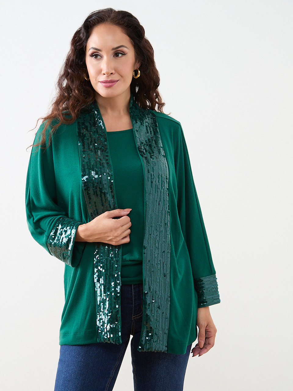 Petite 3/4 Sleeve Sequin Trim Cardigan