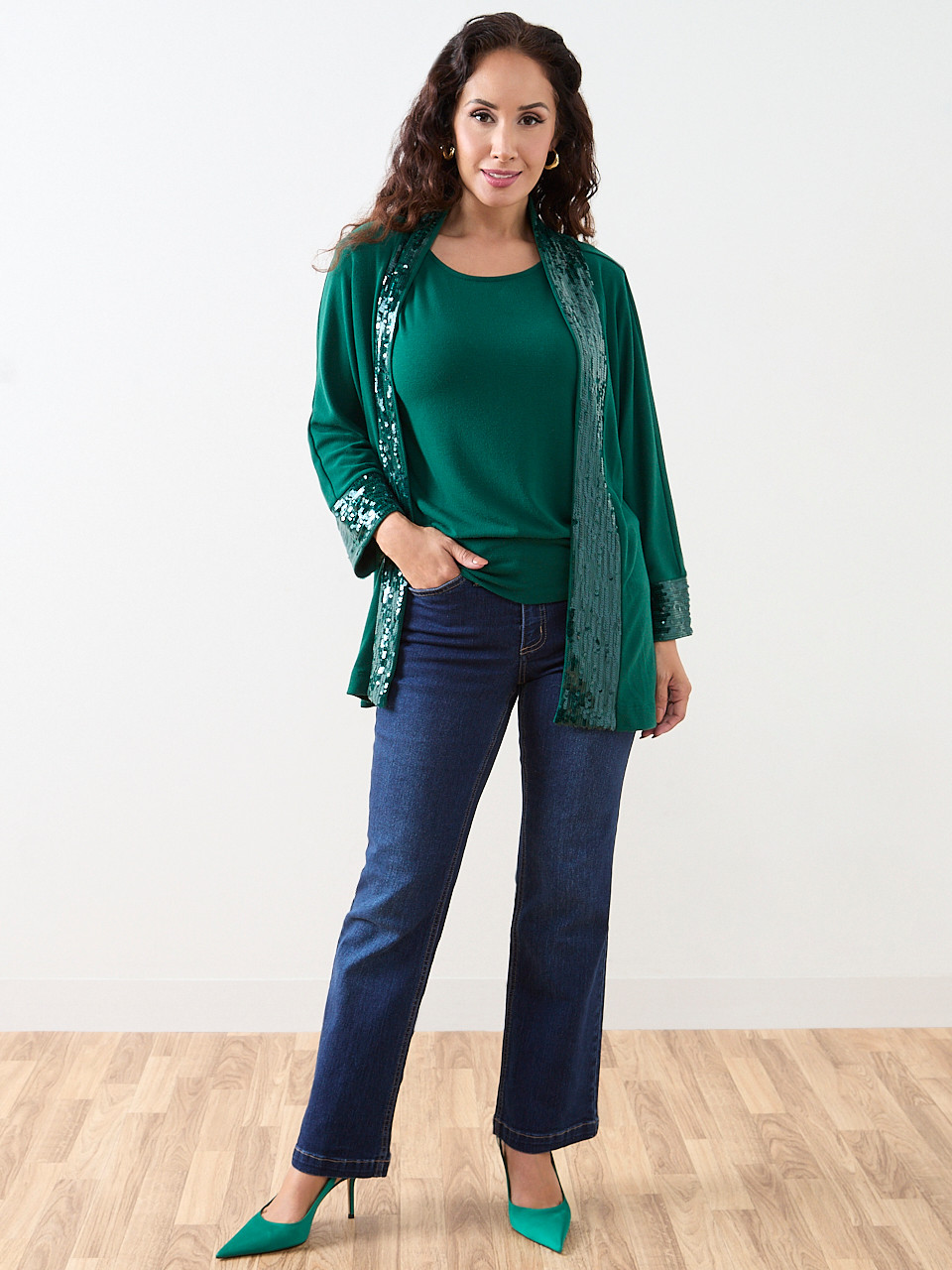 Petite 3/4 Sleeve Sequin Trim Cardigan