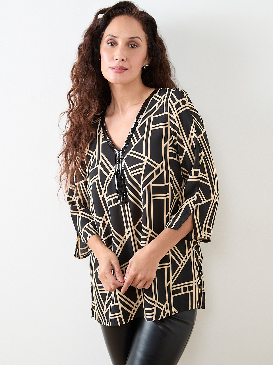 Petite 3/4 Sleeve Sequin Trim Tunic