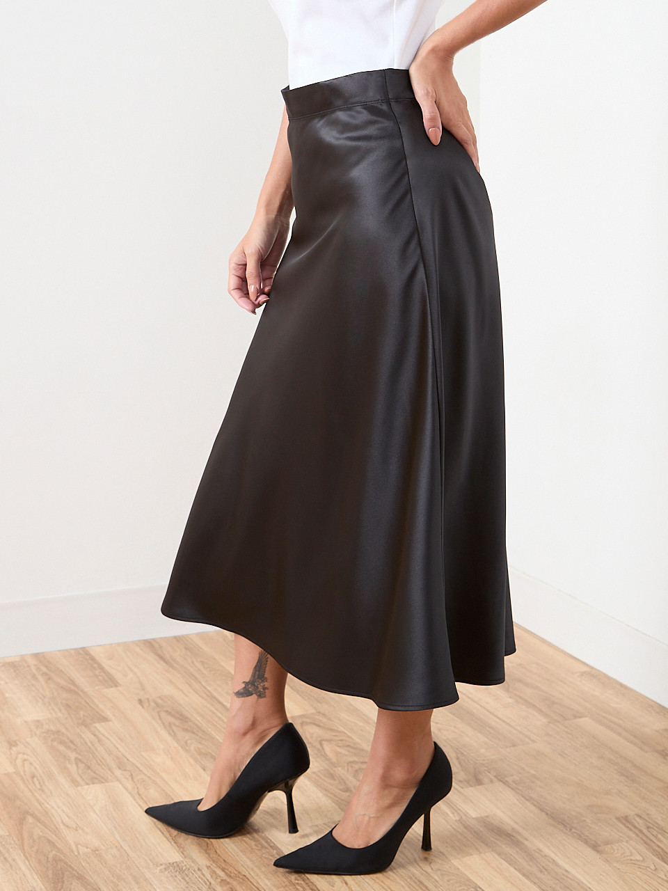 Petite Black Satin Bias Cut Skirt | Cleo