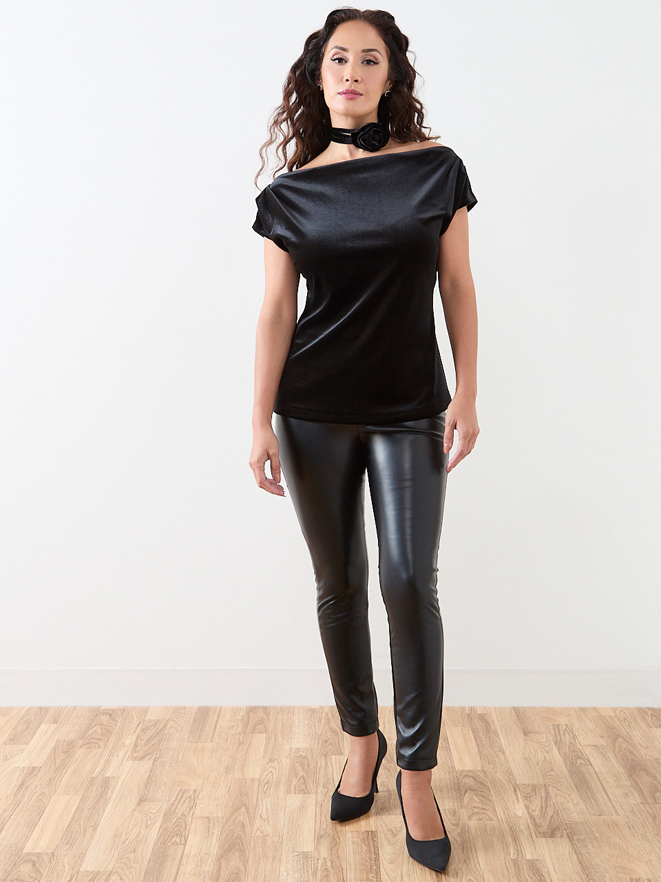 Petite Cap Sleeve Velvet Top with Choker