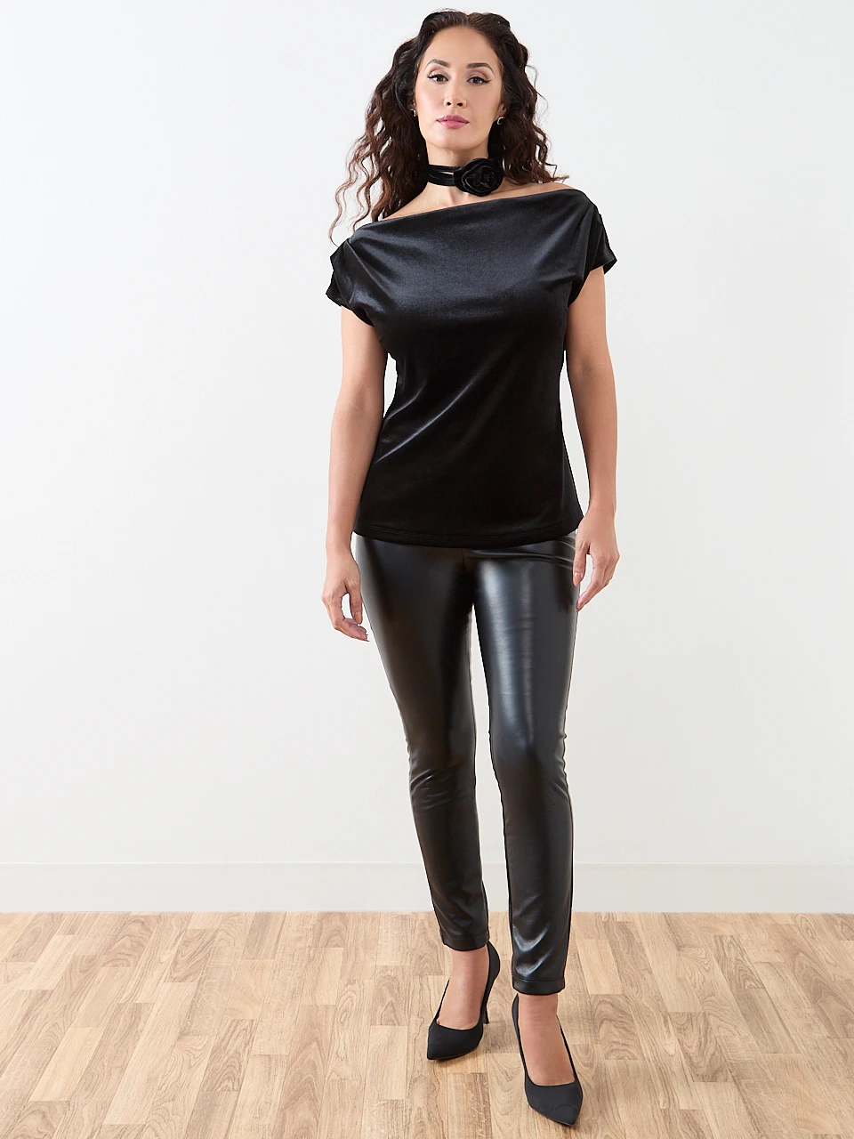 Petite Cap Sleeve Velvet Top with Choker