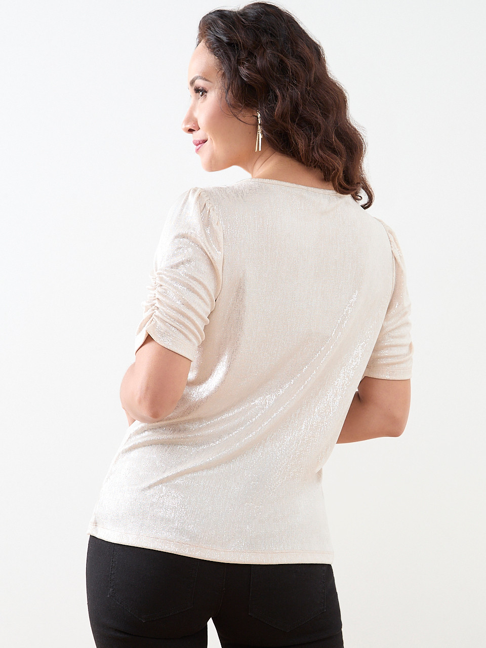 Petite Foil Print Top with Ruched Elbow Sleeves