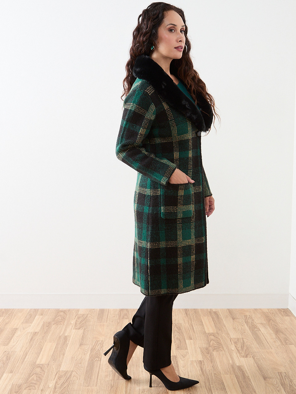 Petite Long Sleeve Fur Collar Sweater Coat