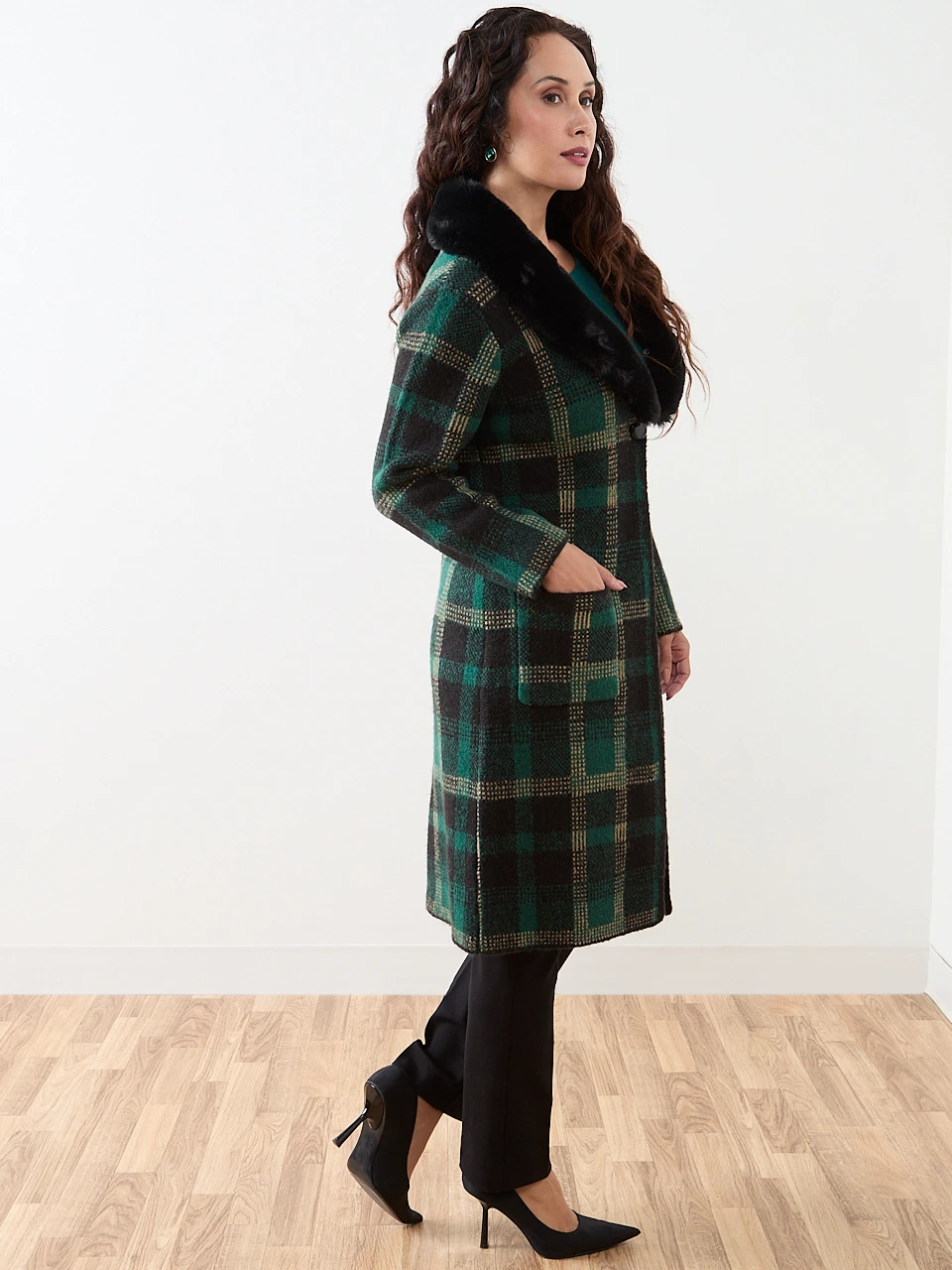 Petite Long Sleeve Fur Collar Sweater Coat