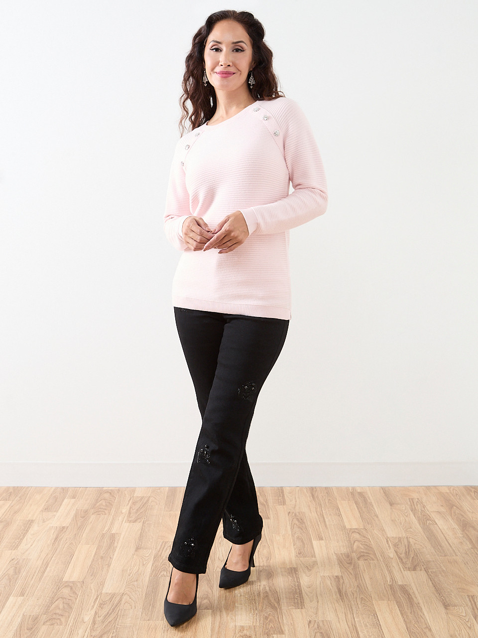 Petite Long Sleeve Rhinestone Ottoman Sweater