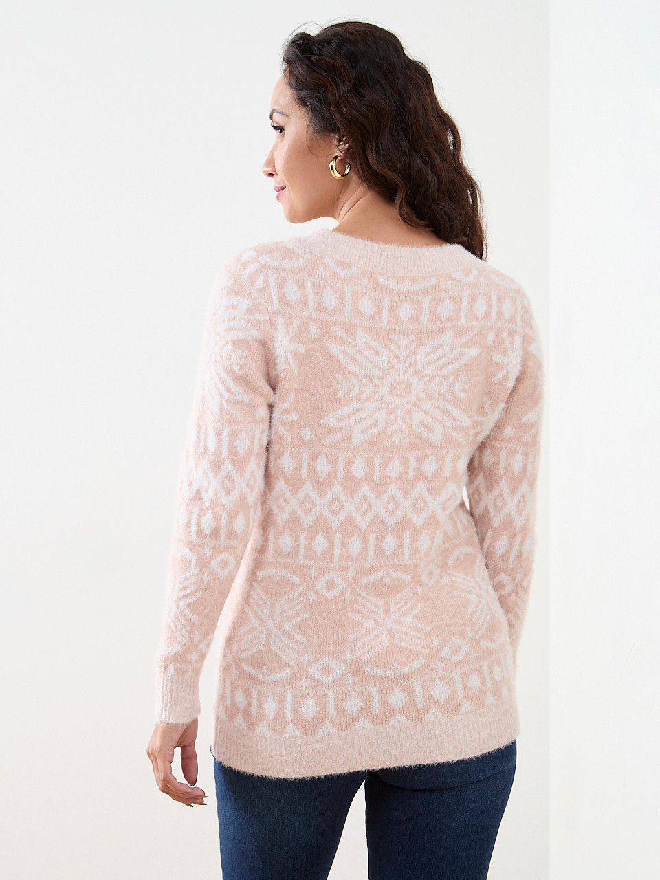 Petite Long Sleeve Snowflake Boatneck Sweater