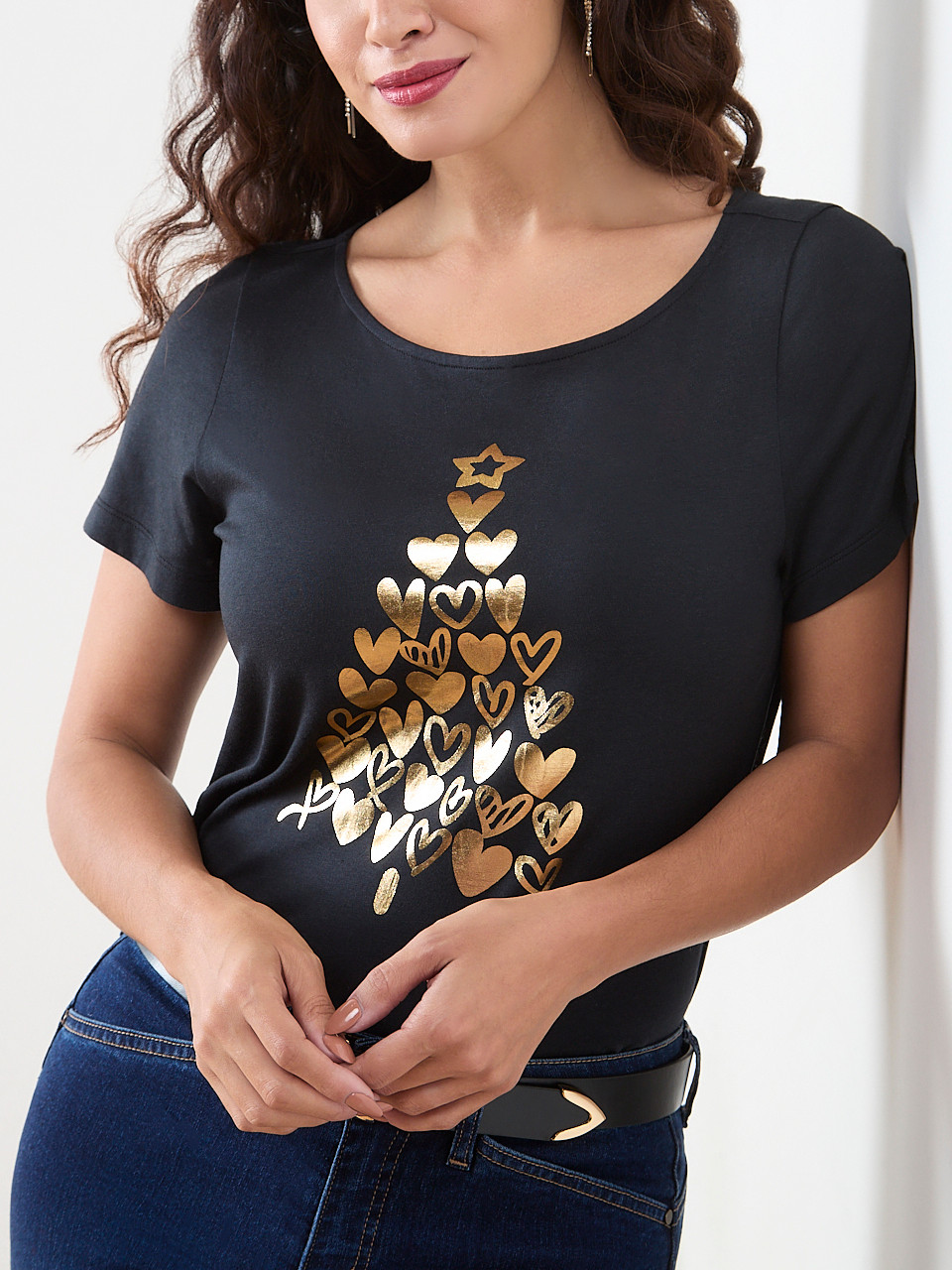 Petite Short Sleeve Holiday Tee with Gold Foil Tree