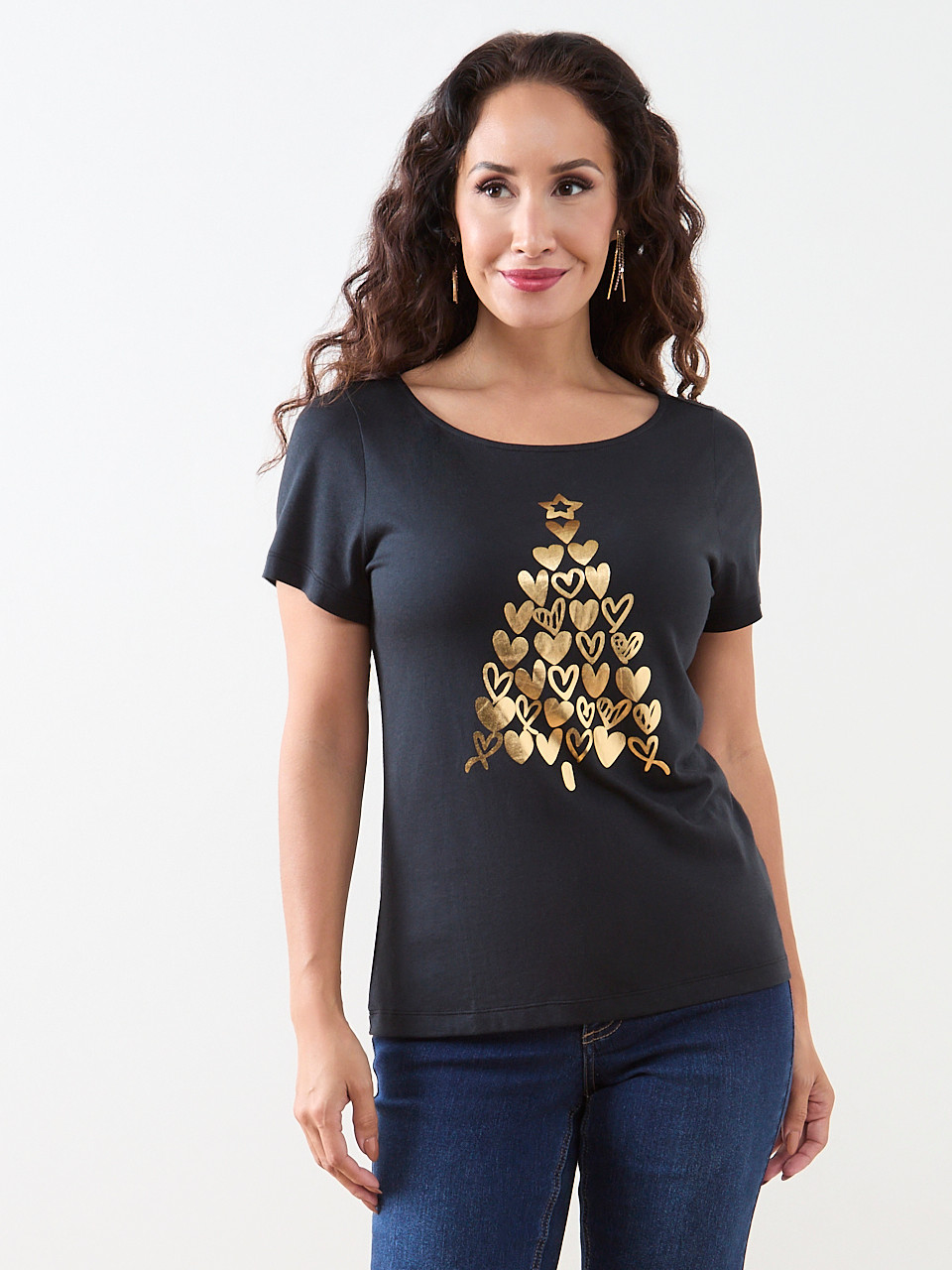 Petite Short Sleeve Holiday Tee with Gold Foil Tree