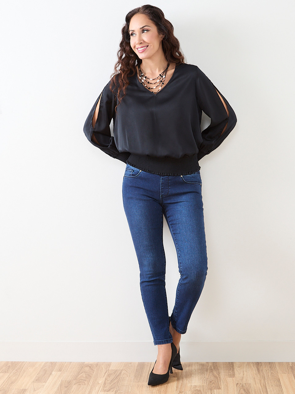 Petite Slit Long Sleeve Satin V-Neck Blouse
