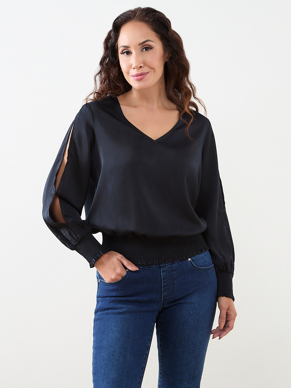Petite Slit Long Sleeve Satin V-Neck Blouse