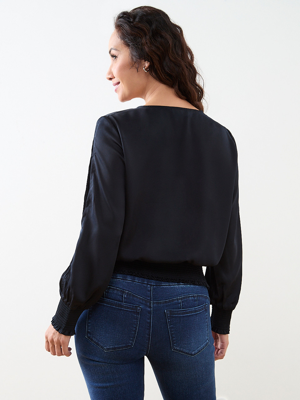 Petite Slit Long Sleeve Satin V-Neck Blouse