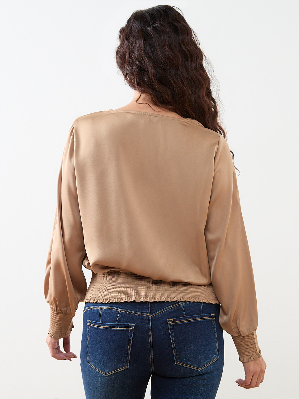 Petite Slit Long-Sleeved Satin V-Neck Blouse