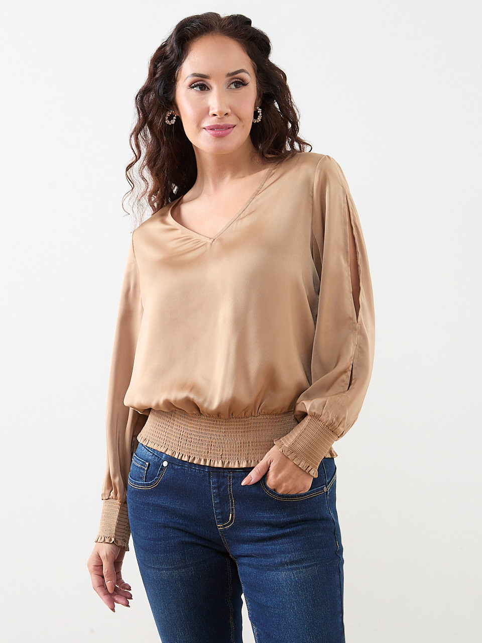 Petite Slit Long-Sleeved Satin V-Neck Blouse