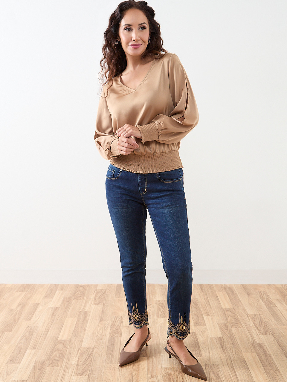 Petite Slit Long-Sleeved Satin V-Neck Blouse