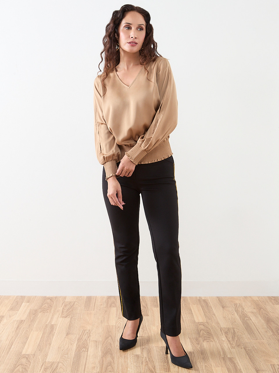 Petite Slit Long-Sleeved Satin V-Neck Blouse