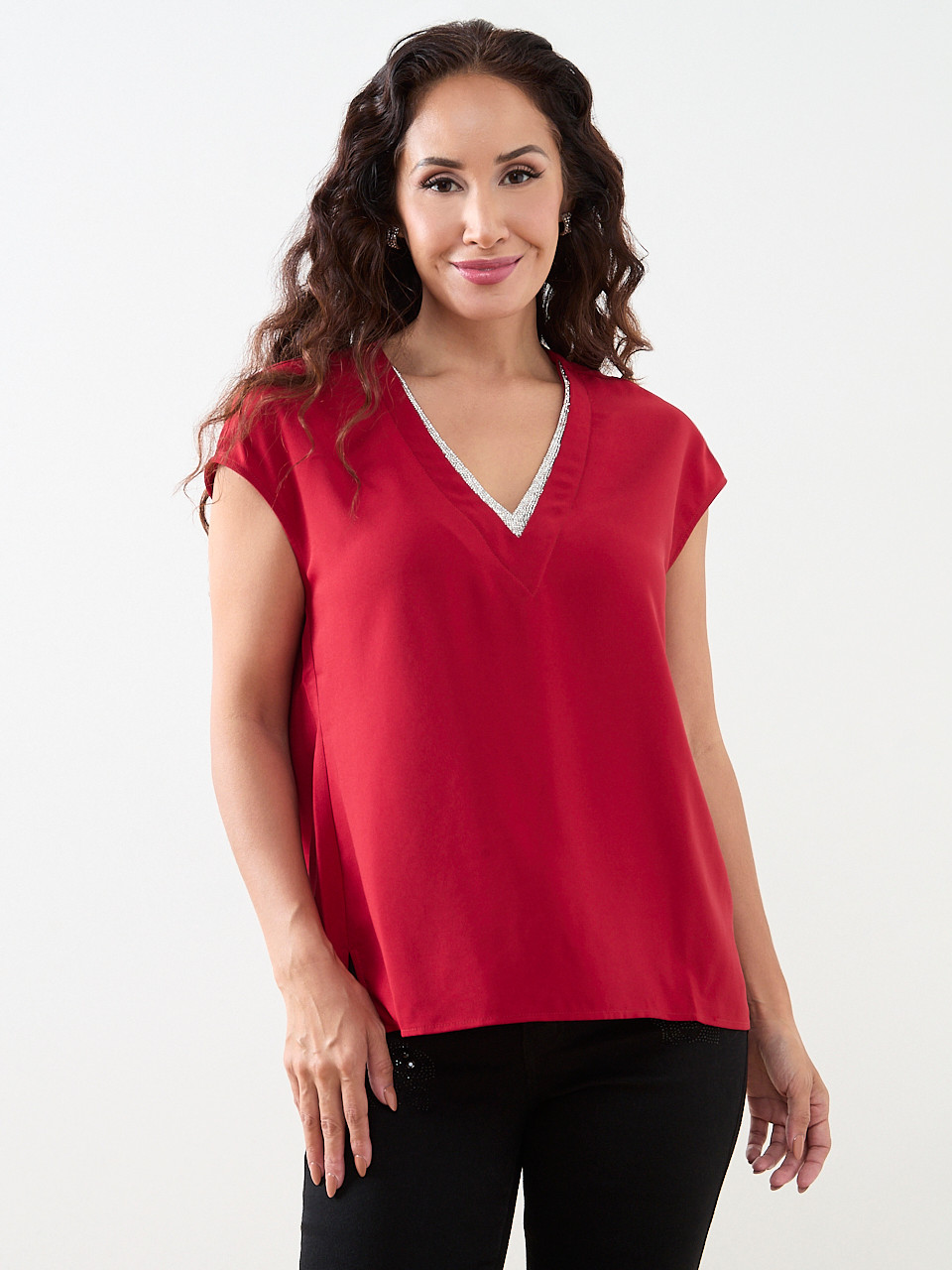 Petite V-Neck Rhinestone Trim Blouse