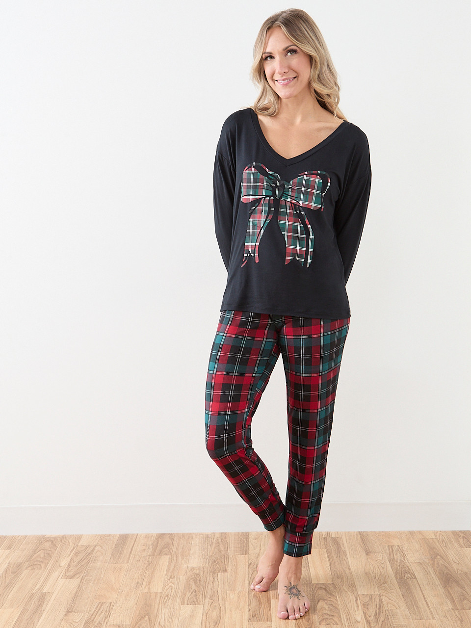 Plaid Bow Screen Print Pj Set