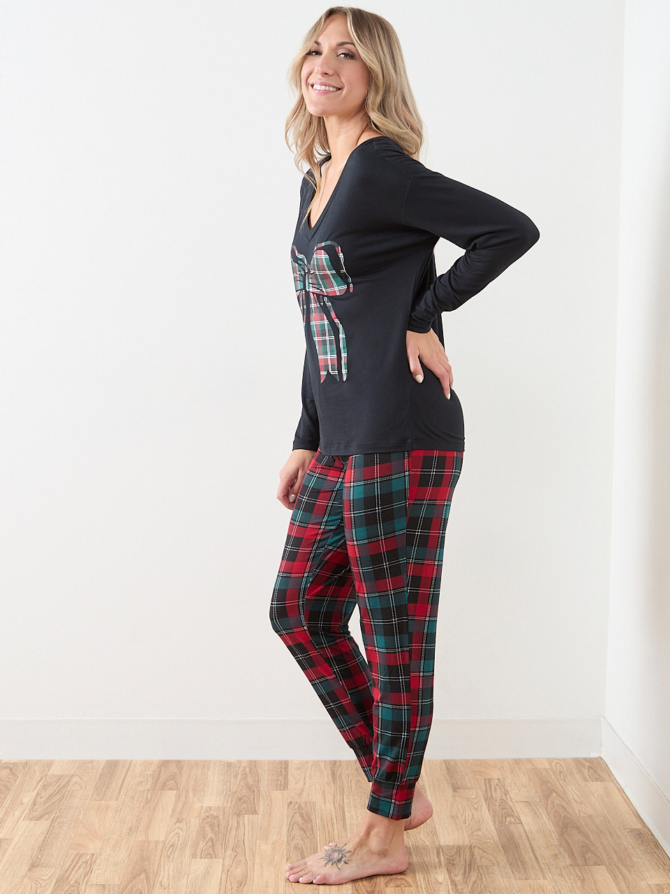 Plaid Bow Screen Print Pj Set
