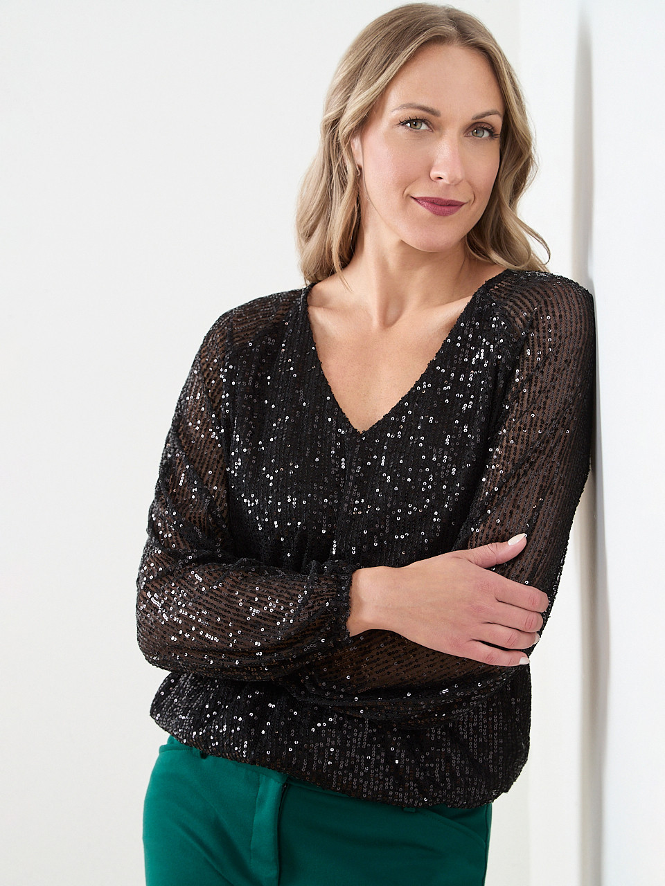 Sequin V-Neck Bubble Hem Blouse | Cleo