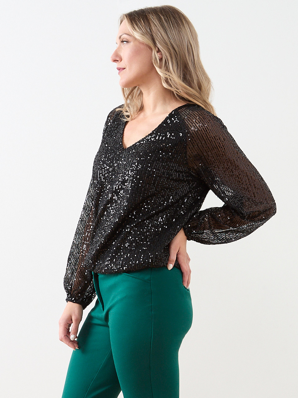 Sequin V-Neck Bubble Hem Blouse