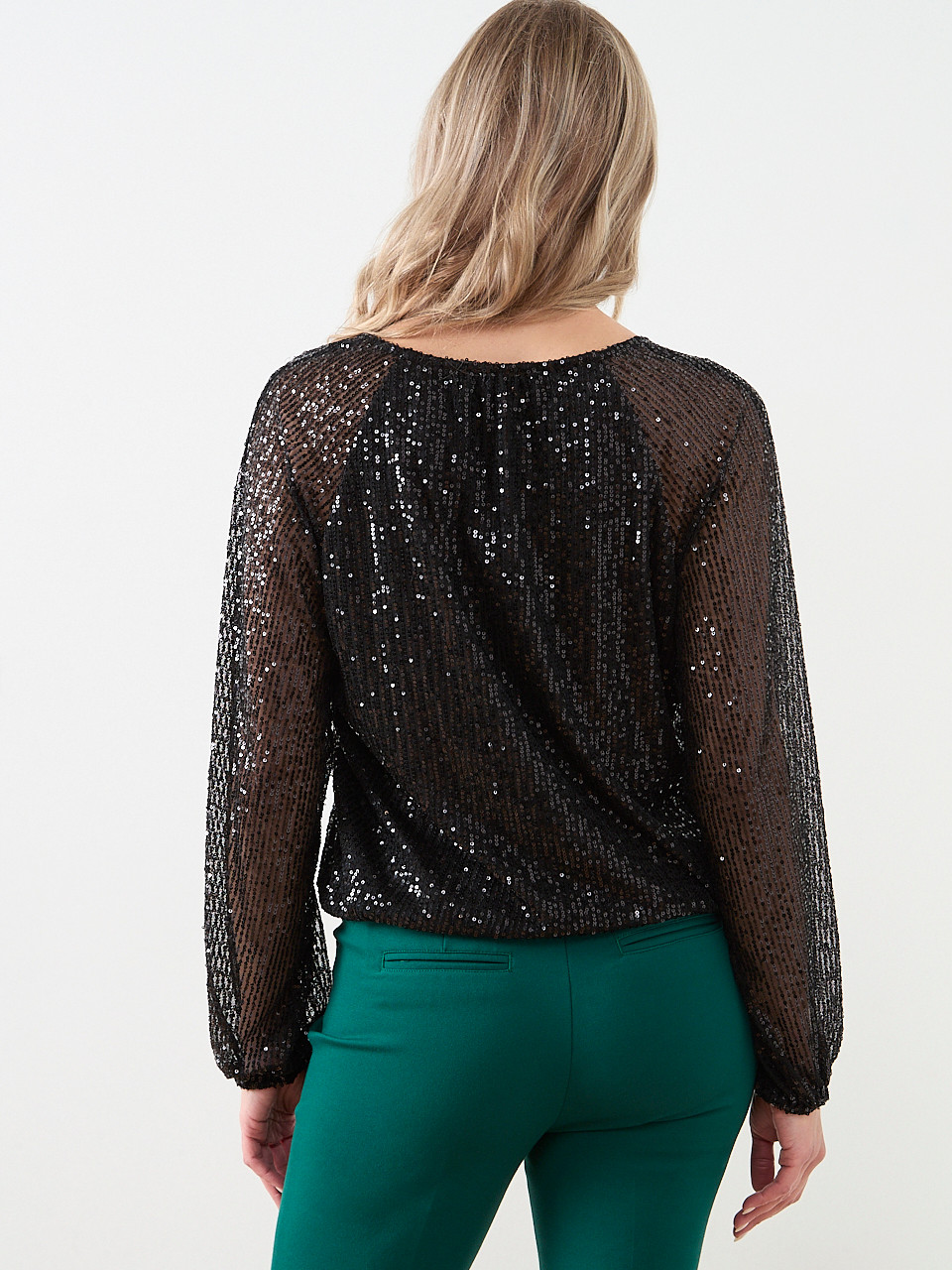 Sequin V-Neck Bubble Hem Blouse