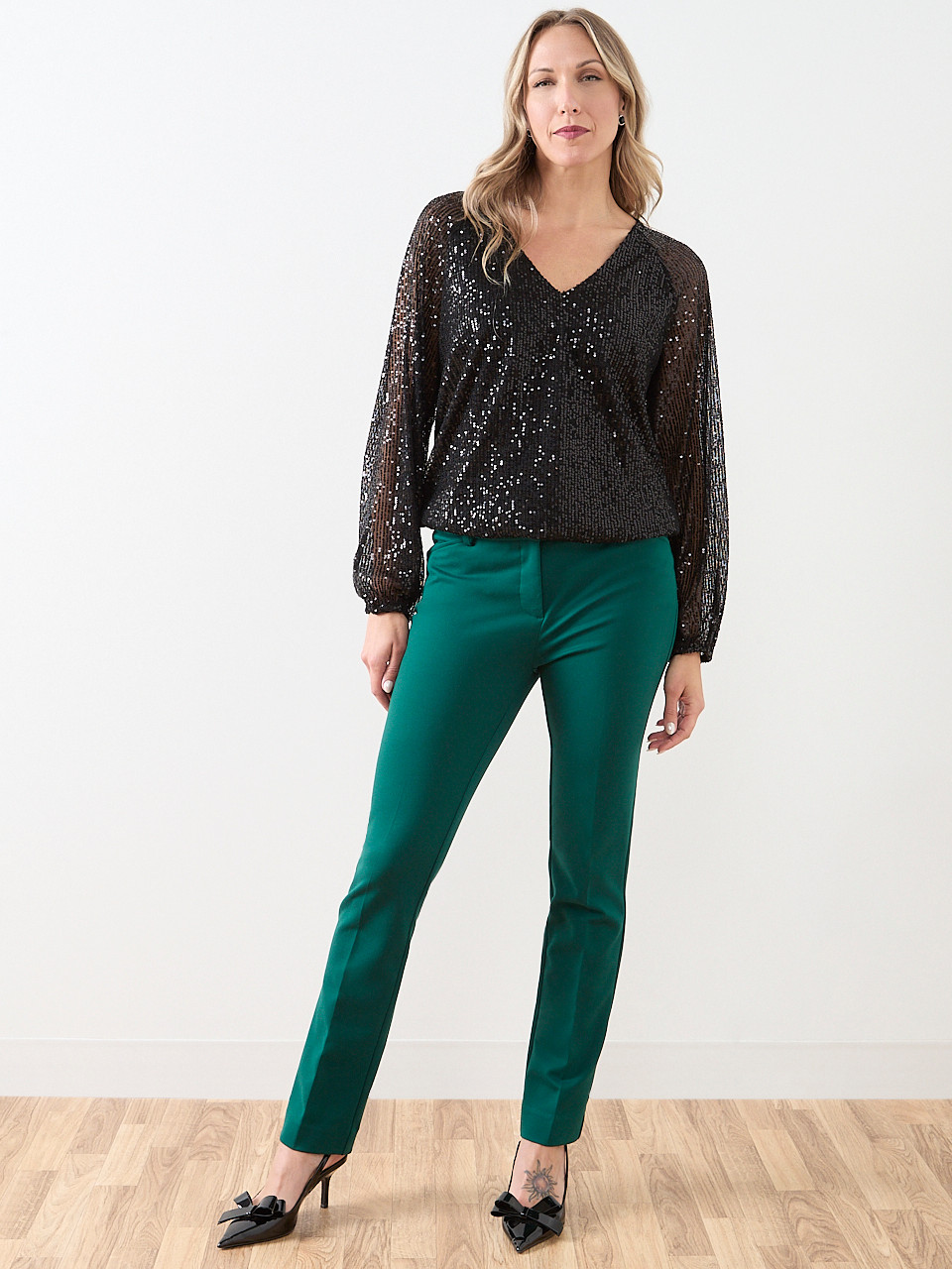 Sequin V-Neck Bubble Hem Blouse