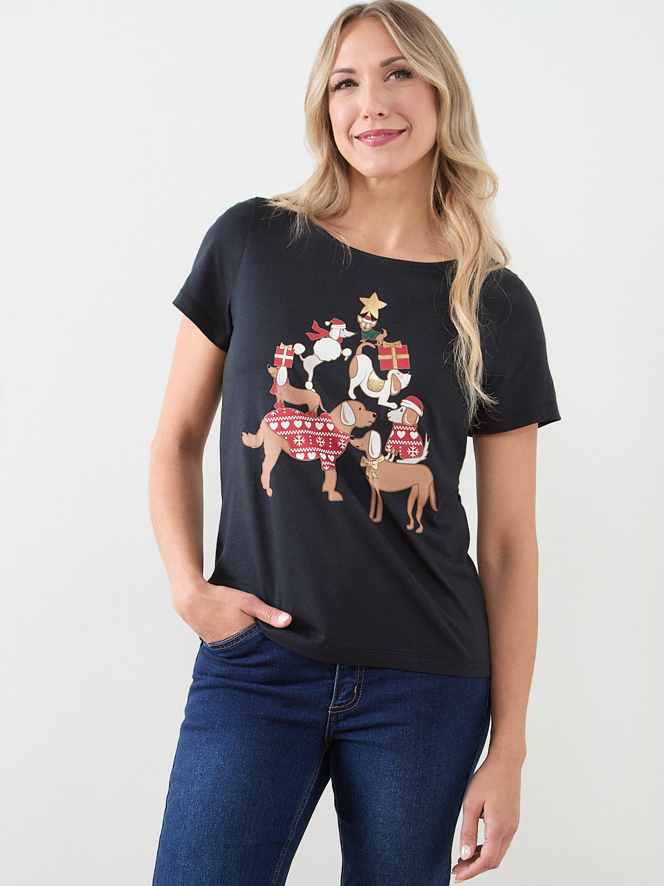 Short Sleeve Holiday Tee with Christmas Dogs
