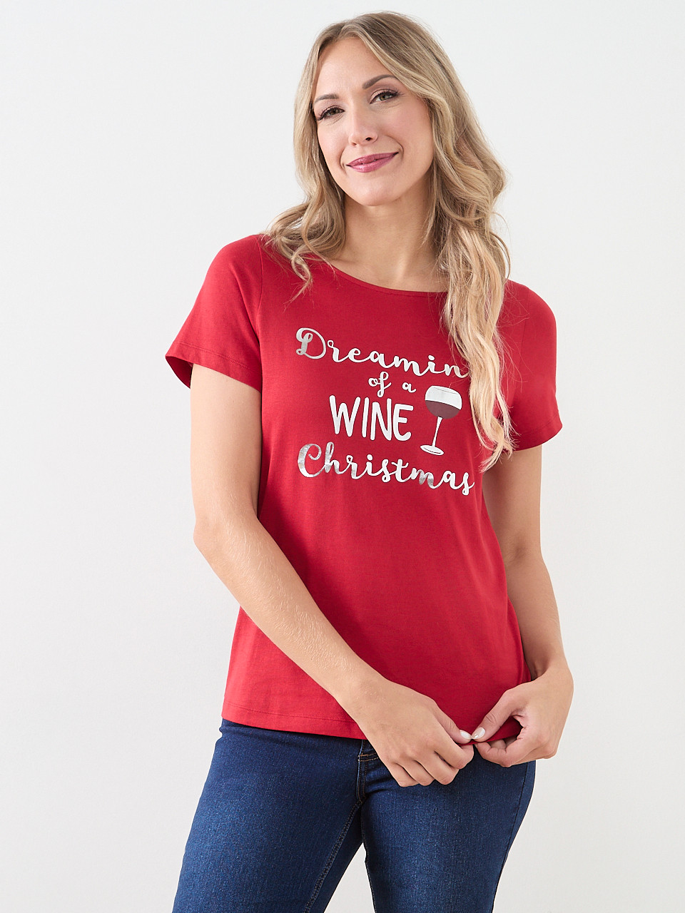 Short Sleeve Holiday Tee with Wine Glass Print