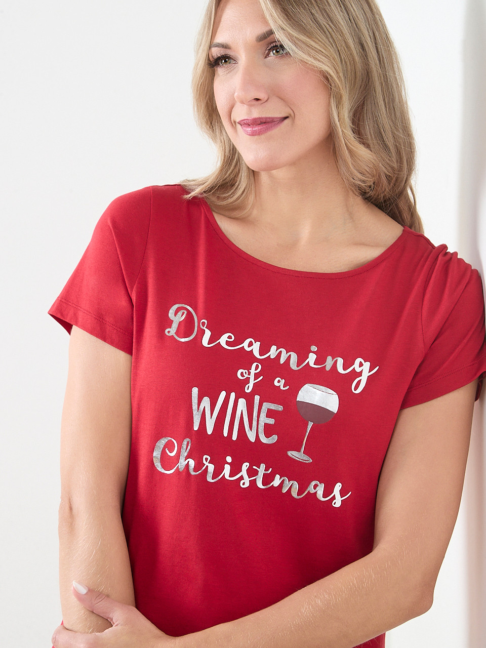 Short Sleeve Holiday Tee with Wine Glass Print