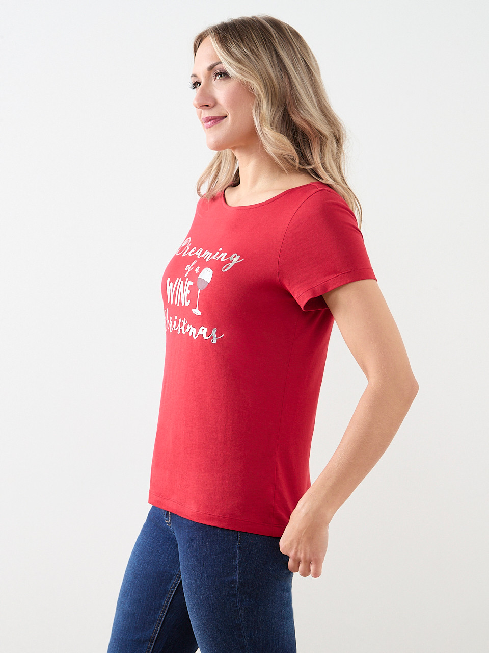Short Sleeve Holiday Tee with Wine Glass Print