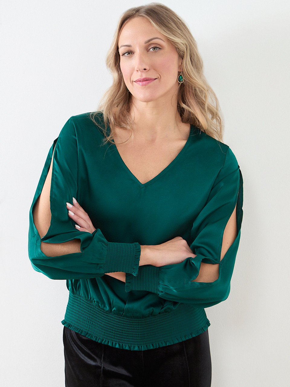 Slit Long Sleeve Satin V-Neck Blouse