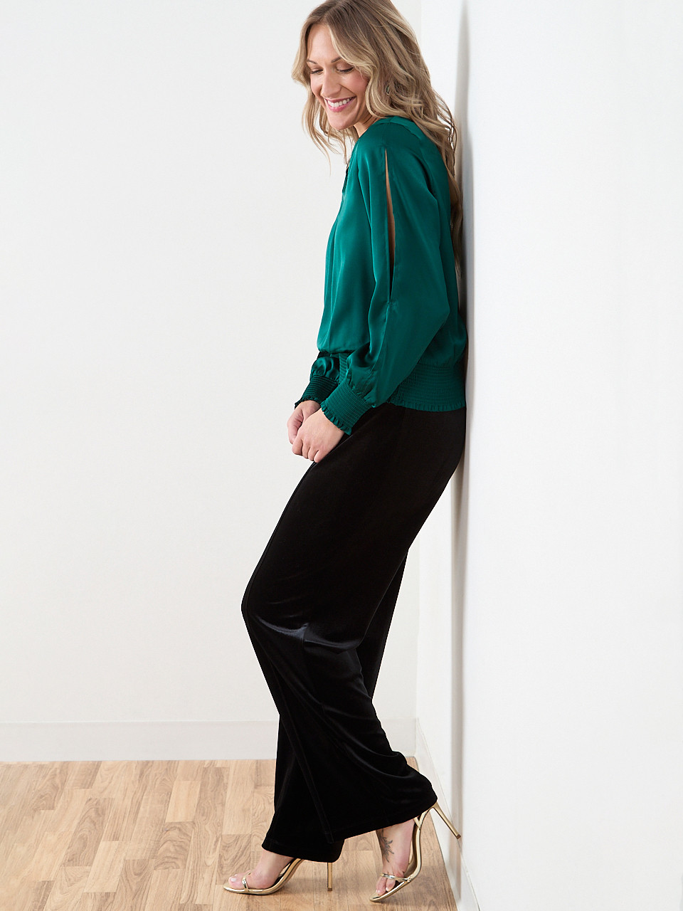 Slit Long Sleeve Satin V-Neck Blouse