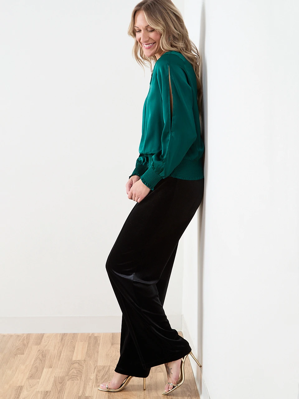 Slit Long Sleeve Satin V-Neck Blouse