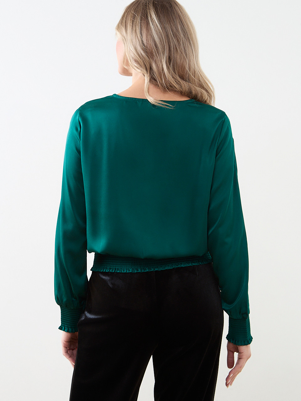 Slit Long Sleeve Satin V-Neck Blouse