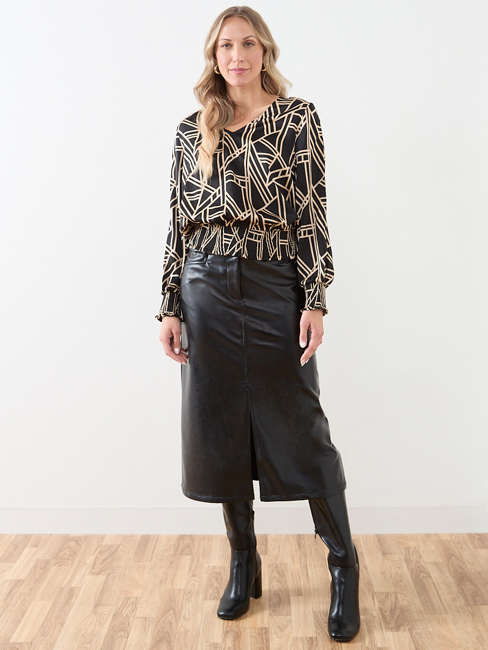 Slit Long-Sleeved Satin V-Neck Blouse