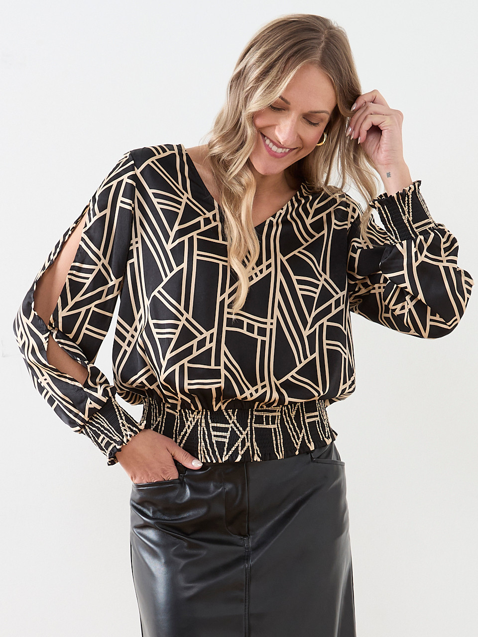 Slit Long-Sleeved Satin V-Neck Blouse