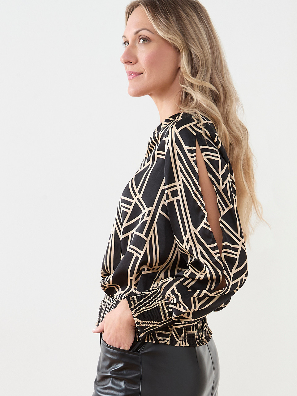 Slit Long-Sleeved Satin V-Neck Blouse