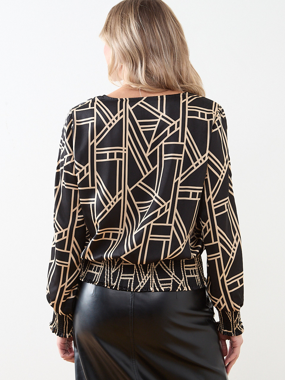 Slit Long-Sleeved Satin V-Neck Blouse