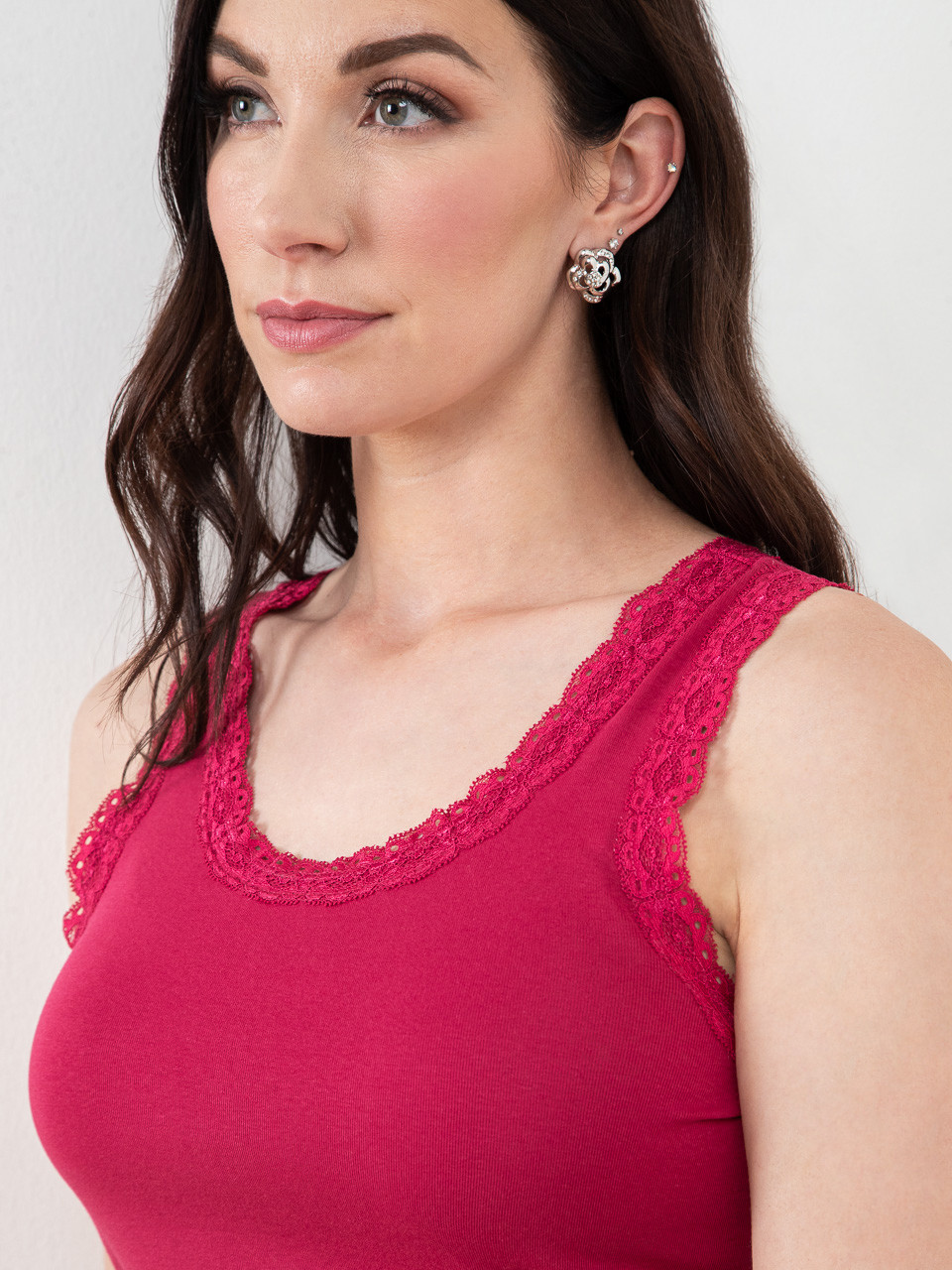 Stretch-Cotton Tank with Lace Trim in Dark Lipstick
