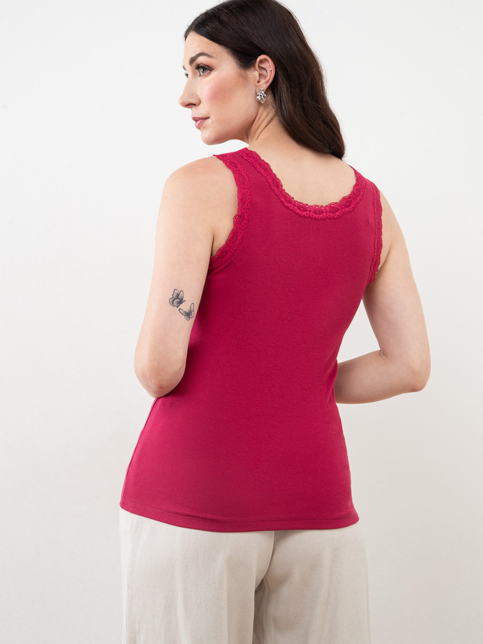 Stretch-Cotton Tank with Lace Trim in Dark Lipstick
