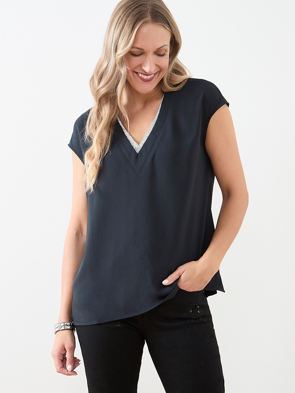 V-Neck Rhinestone Trim Blouse