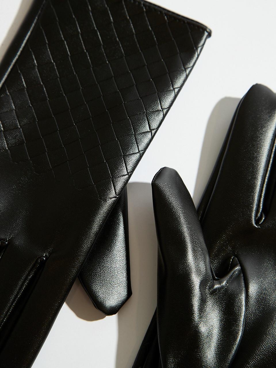 Black Vegan Leather Woven Detail Gloves