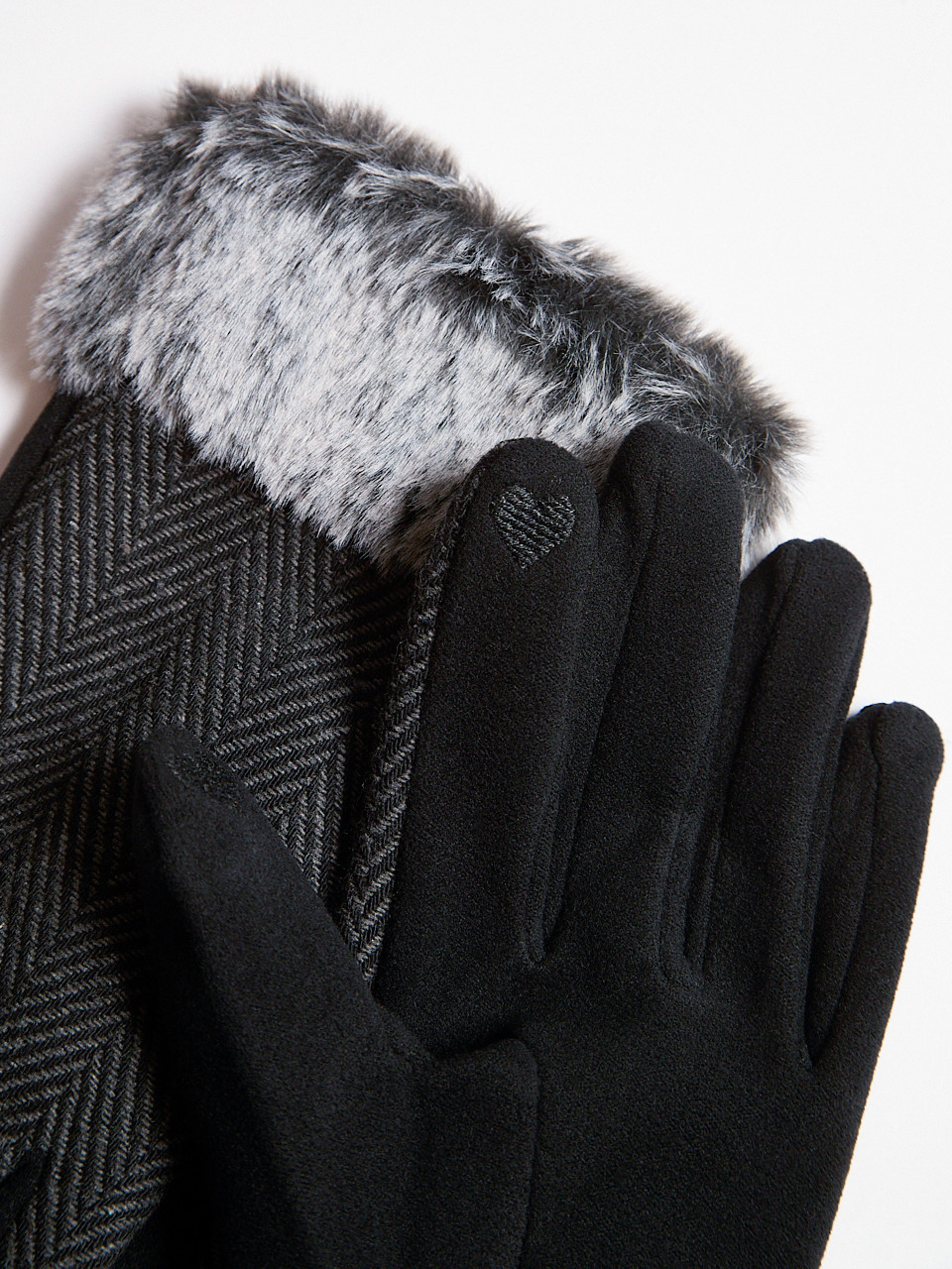 Black/Grey Cloth Herringbone Detail Gloves
