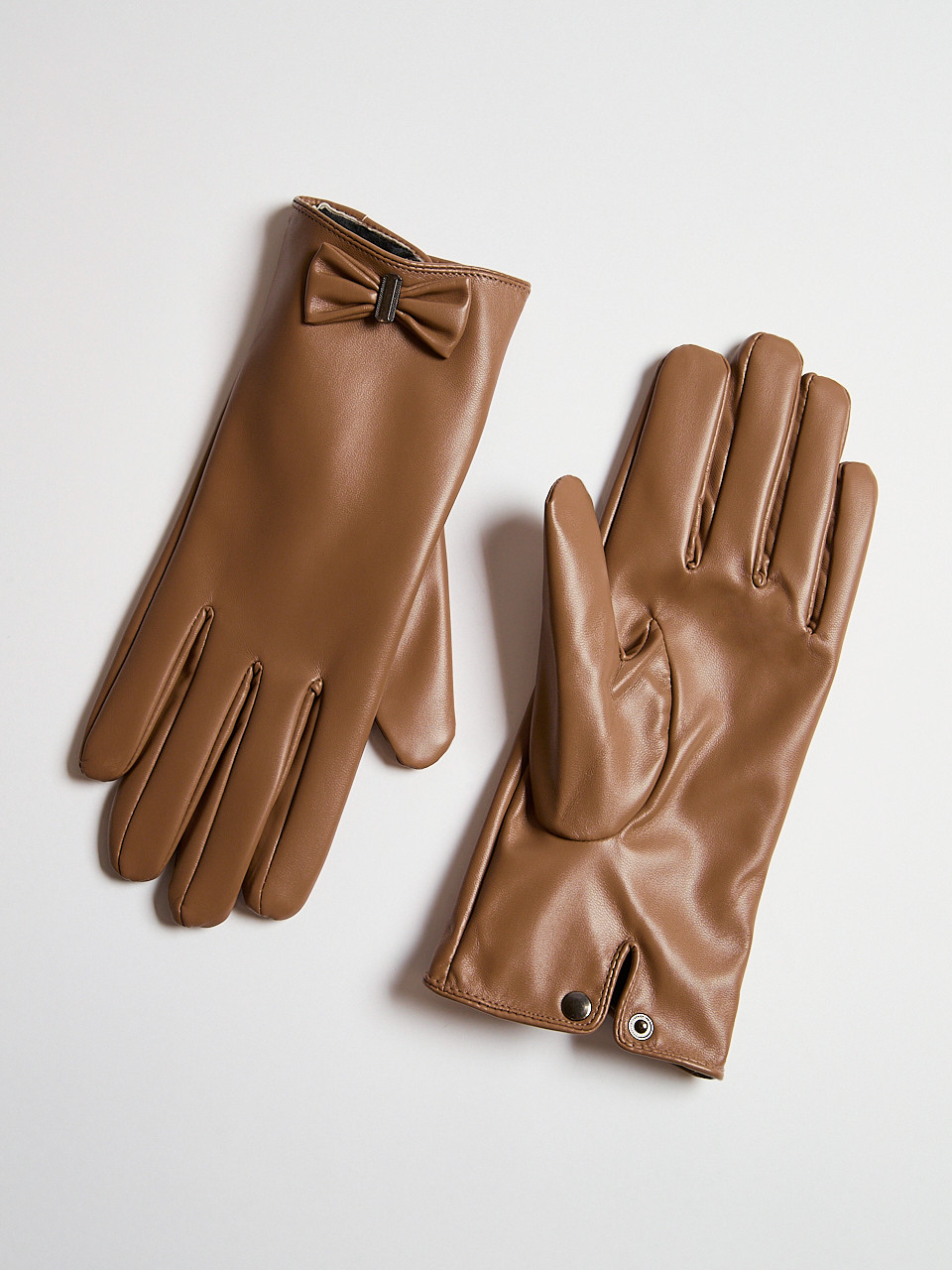 Camel Vegan Leather Bow Detail Gloves