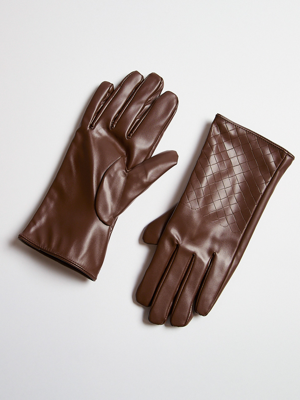 Chocolate Vegan Leather Woven Detail Gloves
