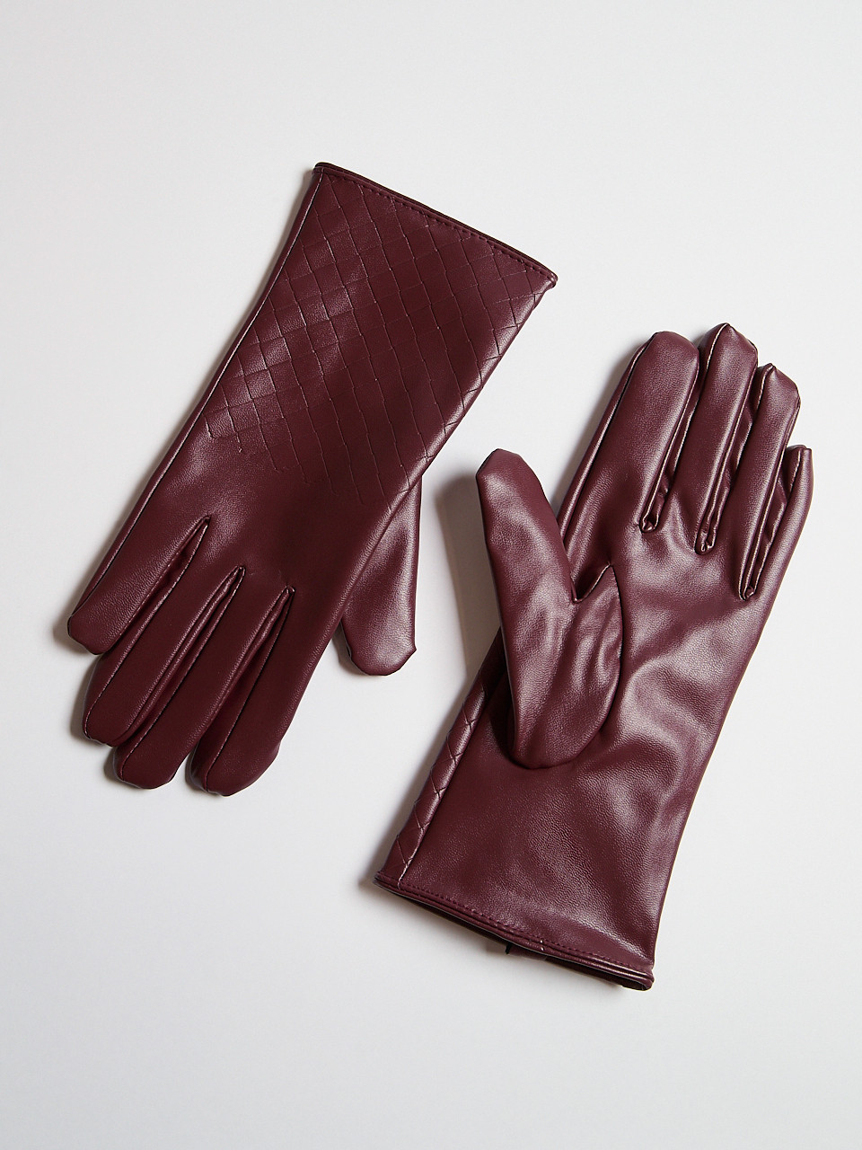 Dark Cherry Vegan Leather Woven Detail Gloves
