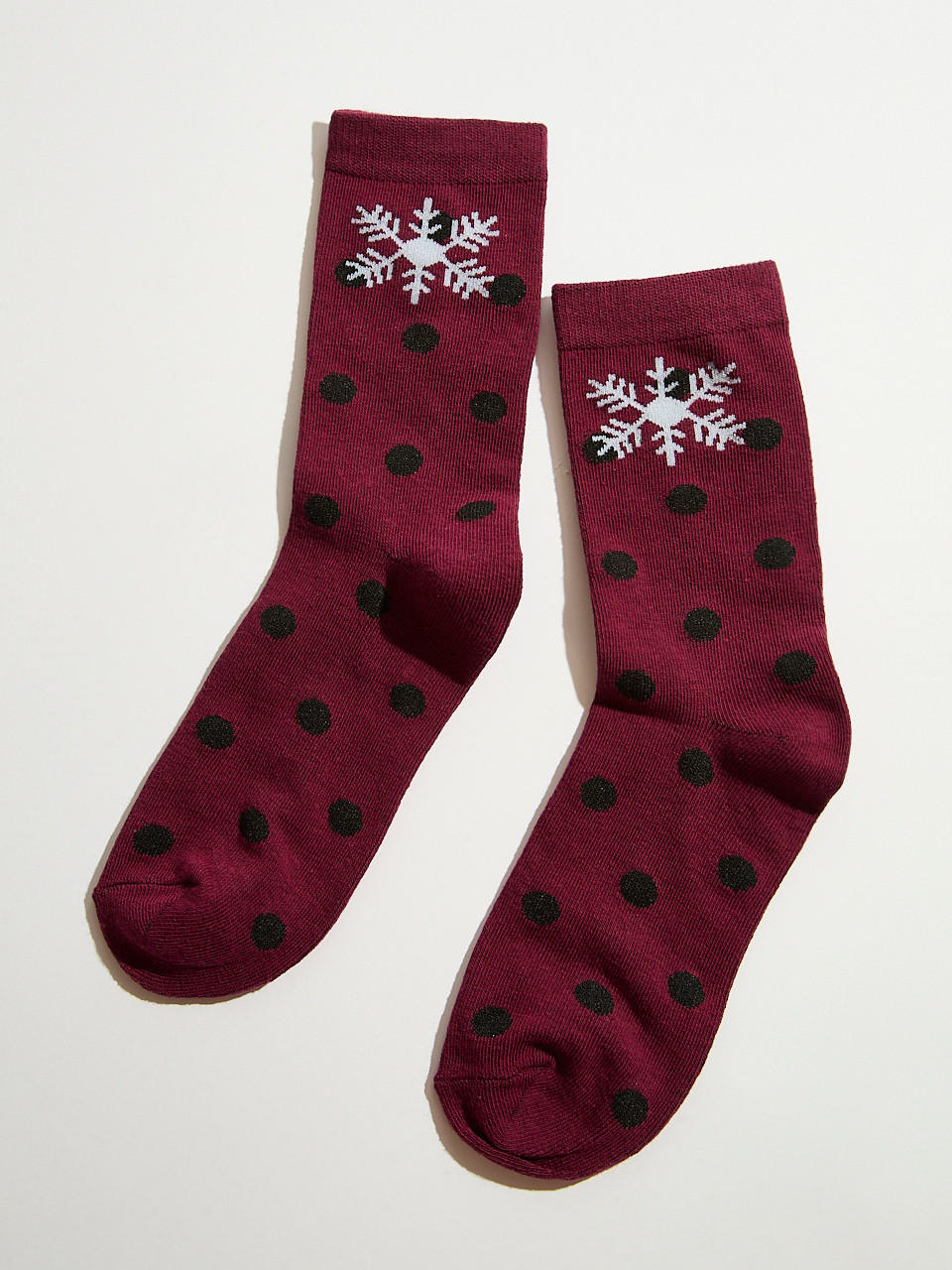 Dark Cherry with White Snowflake Crew Socks
